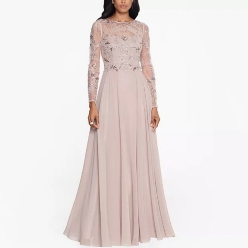 NWT XSCAPE Long Mesh-Sleeve Sequin Embellished Illusion Chiffon Gown in Taupe
